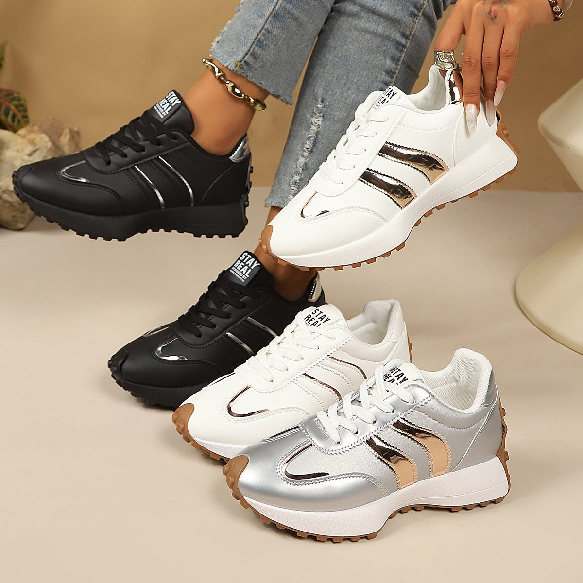 Women's Plus Size Lace-Up Color-Block Dad Sneakers Chunky Retro Running Shoes Casual