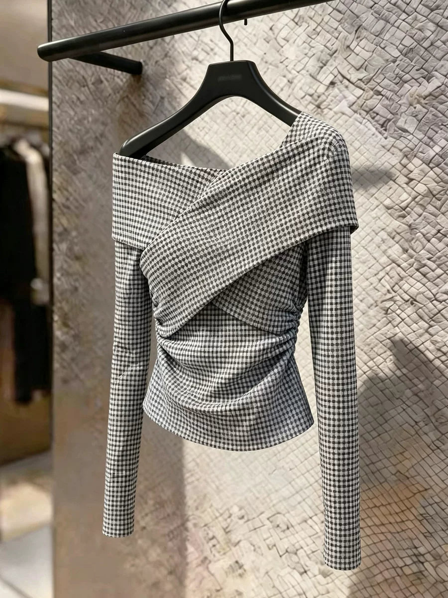 Women's Slim-fit Off-shoulder Plaid Long Sleeve T-shirt Casual Tee for Date Night Streetwear Everyday Wear Slimming Summer Weekend
