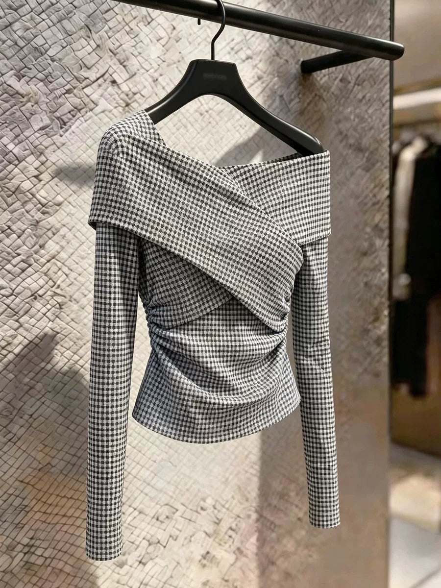 Women's Slim-fit Off-shoulder Plaid Long Sleeve T-shirt Casual Tee for Date Night Streetwear Everyday Wear Slimming Summer Weekend