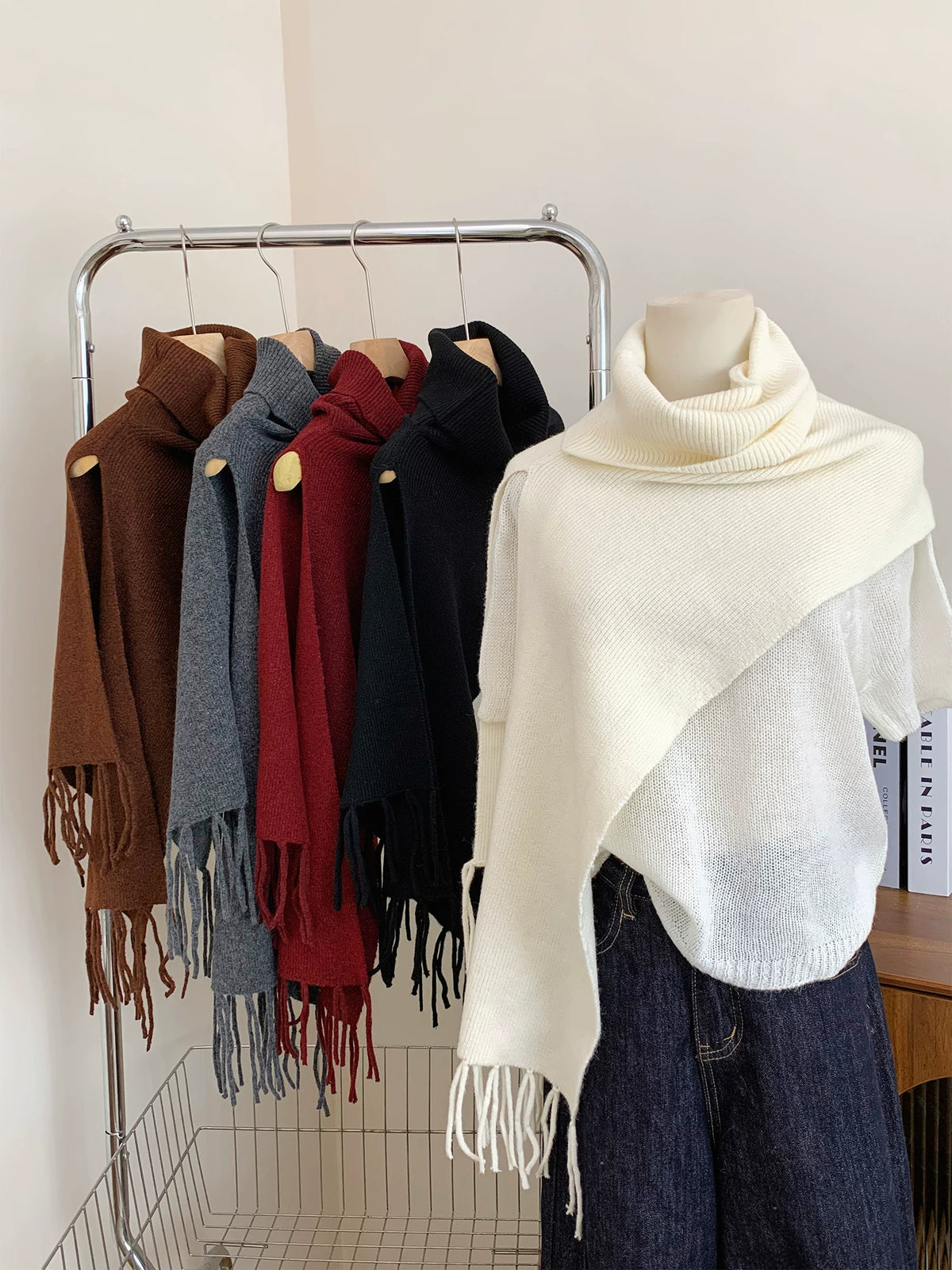 Women's Turtleneck Tassel Fall Winter Fleece-Lined Quiet-Luxury Knit Shawl for Office and Travel Evening Gift Holiday Gift