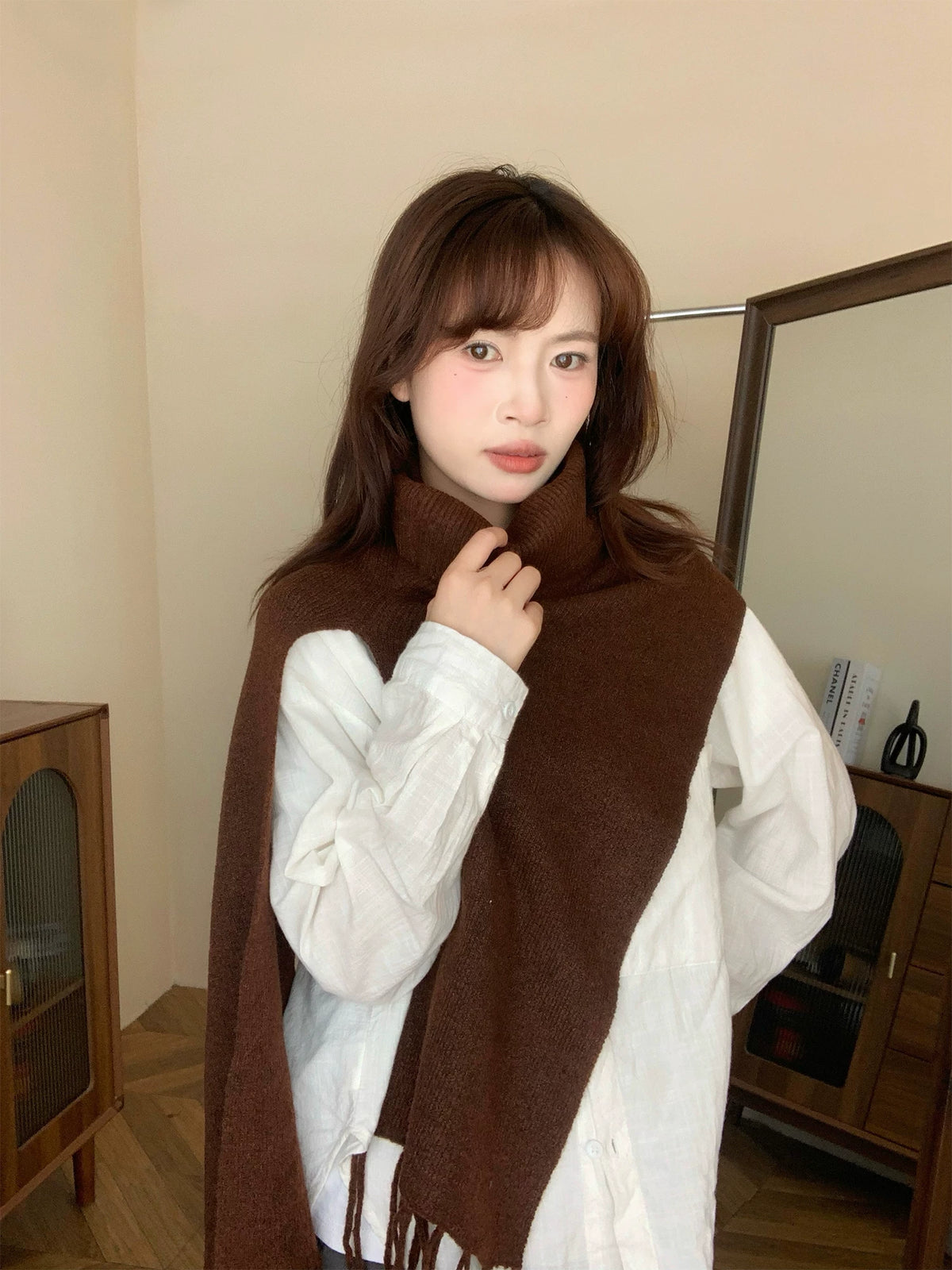Women's Turtleneck Tassel Fall Winter Fleece-Lined Quiet-Luxury Knit Shawl for Office and Travel Evening Gift Holiday Gift