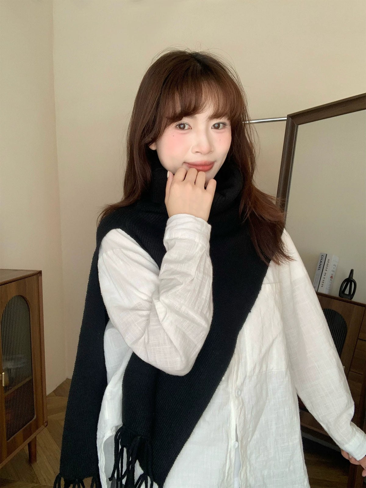 Women's Turtleneck Tassel Fall Winter Fleece-Lined Quiet-Luxury Knit Shawl for Office and Travel Evening Gift Holiday Gift