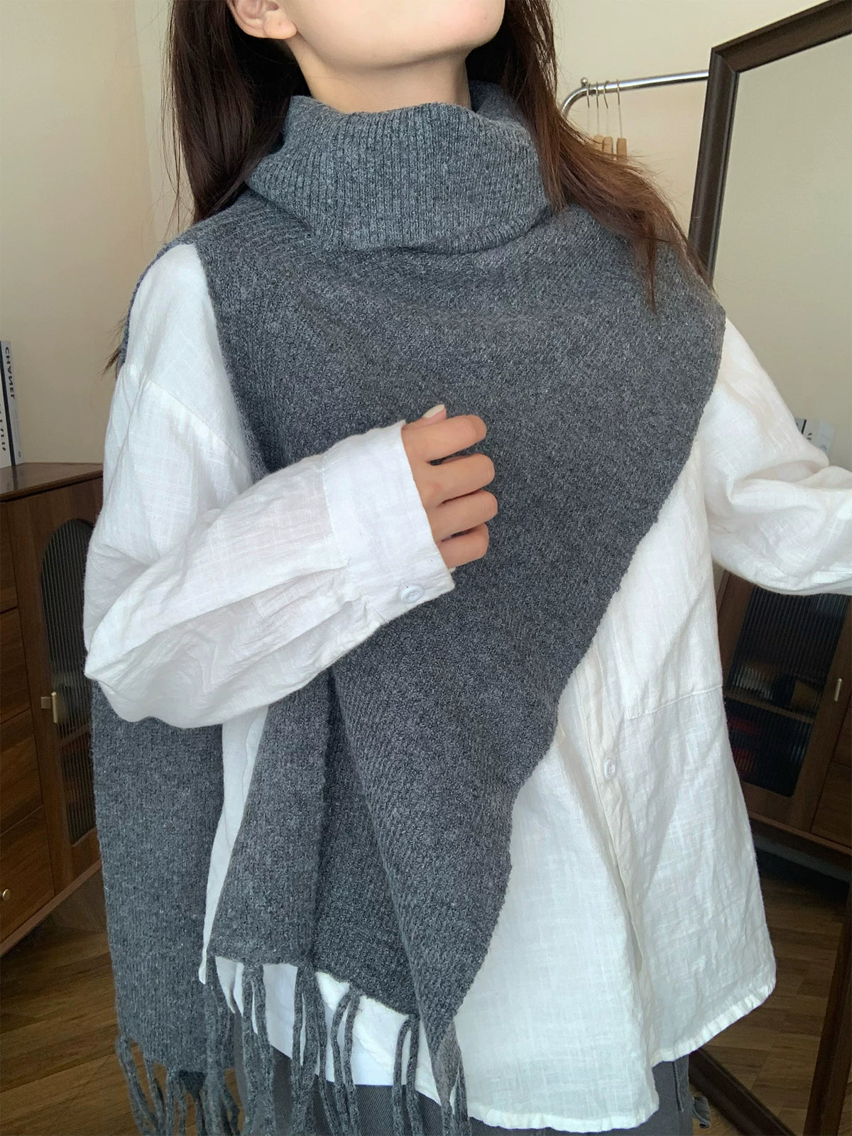 Women's Turtleneck Tassel Fall Winter Fleece-Lined Quiet-Luxury Knit Shawl for Office and Travel Evening Gift Holiday Gift