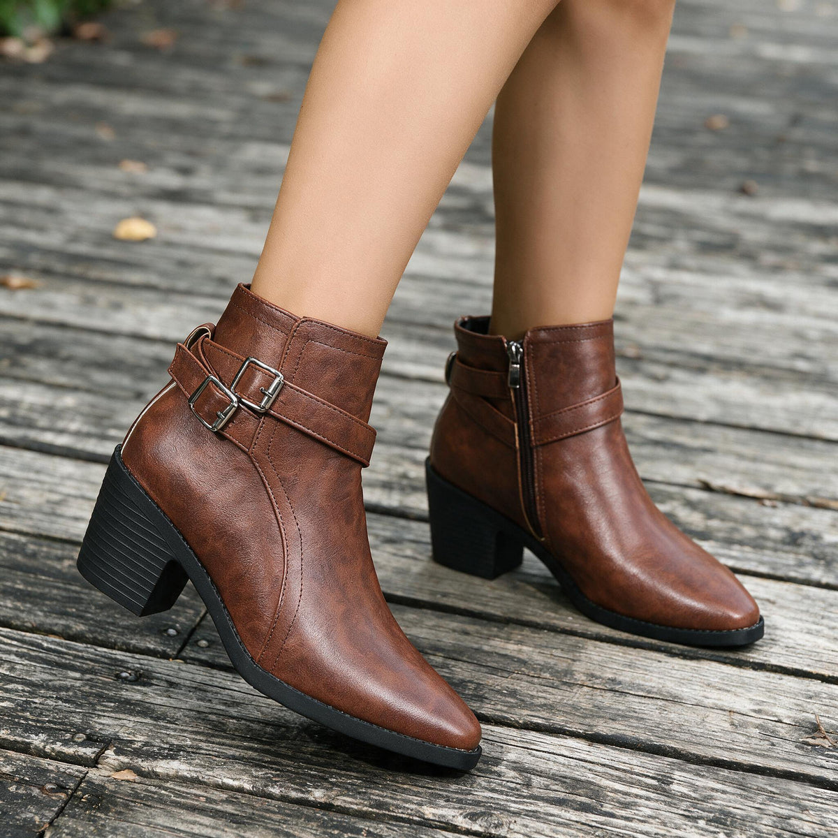 Women's Pointed Toe Block Heel Plus Size Side Zip Ankle Boots Short Booties