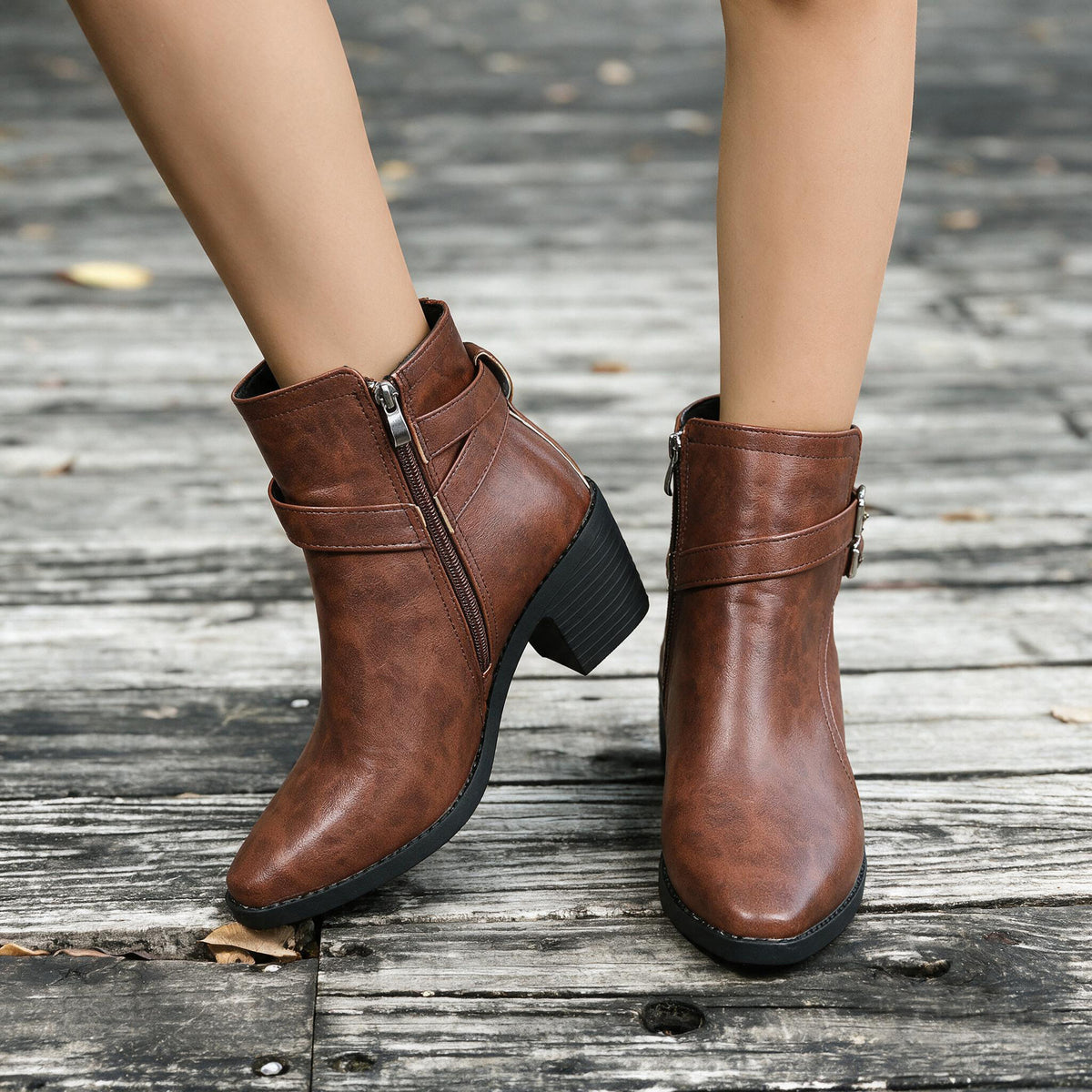 Women's Pointed Toe Block Heel Plus Size Side Zip Ankle Boots Short Booties