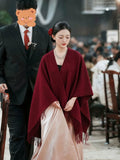Women's Tassel Fall Winter Burgundy Knit Shawl for Office and Travel Evening Gift Holiday Gift