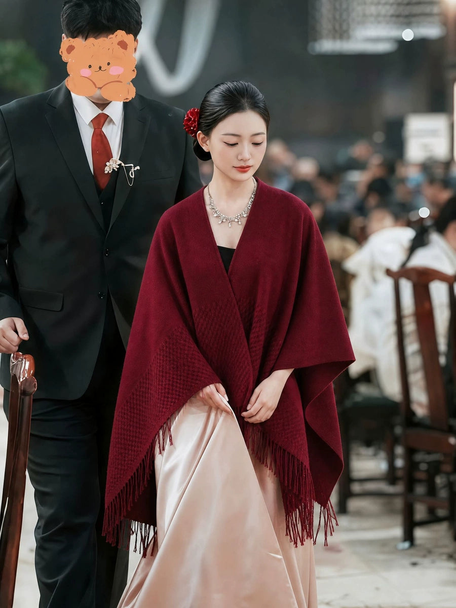 Women's Tassel Fall Winter Burgundy Knit Shawl for Office and Travel Evening Gift Holiday Gift
