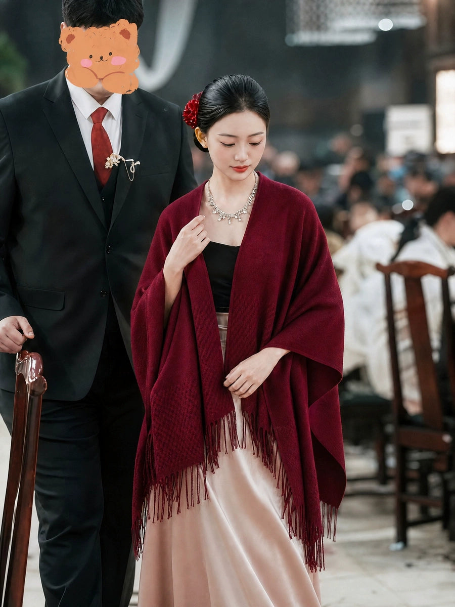 Women's Tassel Fall Winter Burgundy Knit Shawl for Office and Travel Evening Gift Holiday Gift