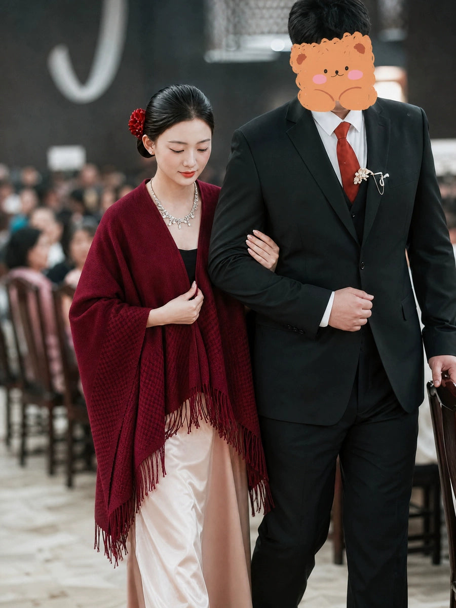 Women's Tassel Fall Winter Burgundy Knit Shawl for Office and Travel Evening Gift Holiday Gift