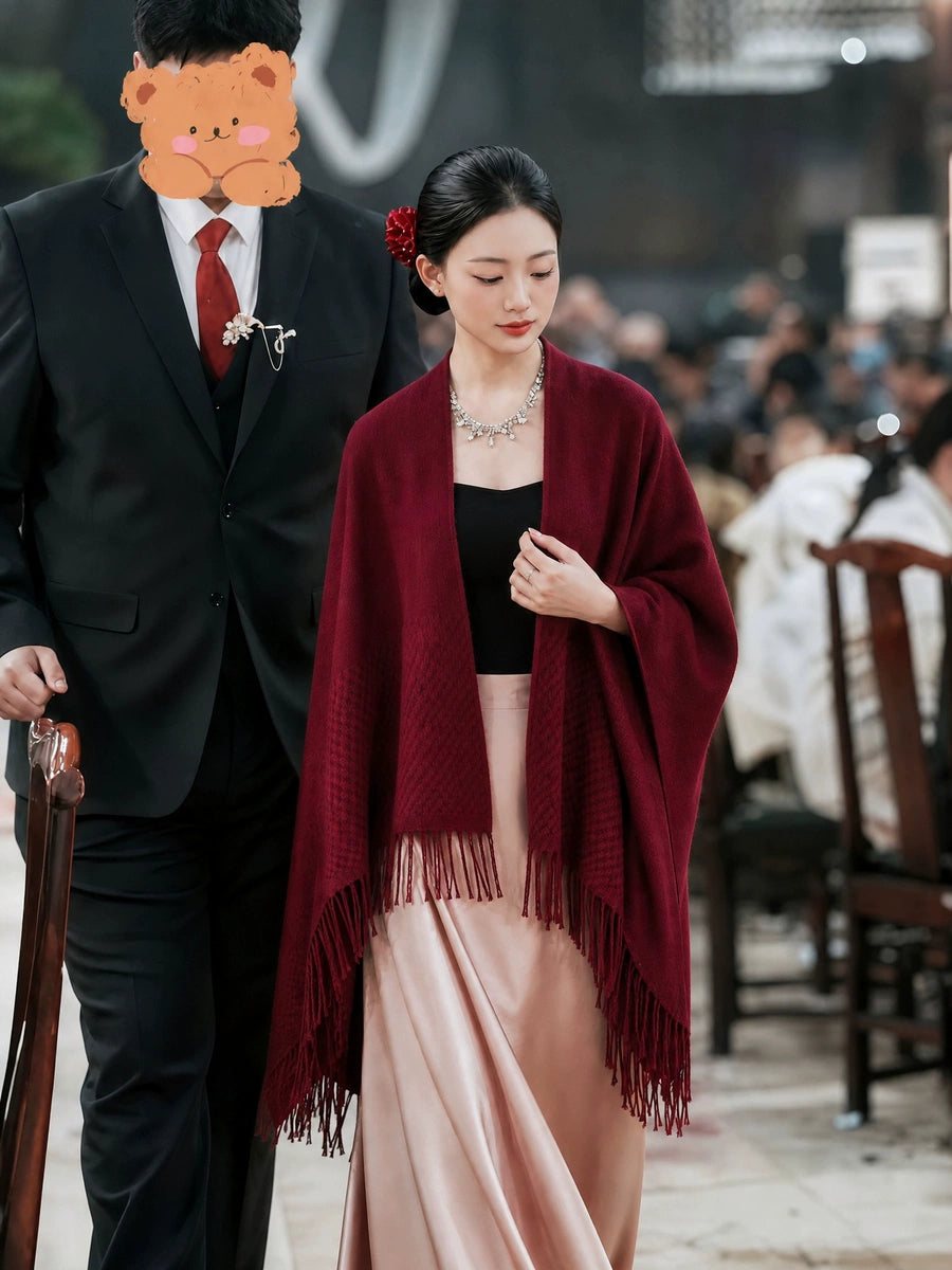 Women's Tassel Fall Winter Burgundy Knit Shawl for Office and Travel Evening Gift Holiday Gift