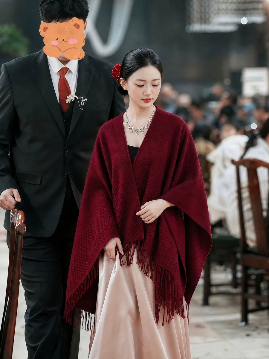 Women's Tassel Fall Winter Burgundy Knit Shawl for Office and Travel Evening Gift Holiday Gift