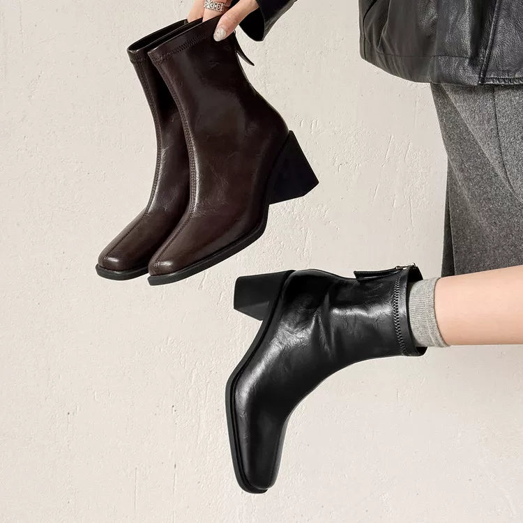 Women's Winter Office Leather Square Toe Block Heel Zip Korean-Style Workwear Slim Ankle Boots for Fall Outfits Streetwear and Weekend Everyday Wear Date Night