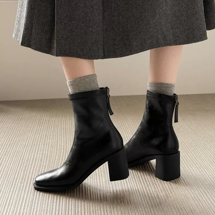 Women's Winter Office Leather Square Toe Block Heel Zip Korean-Style Workwear Slim Ankle Boots for Fall Outfits Streetwear and Weekend Everyday Wear Date Night