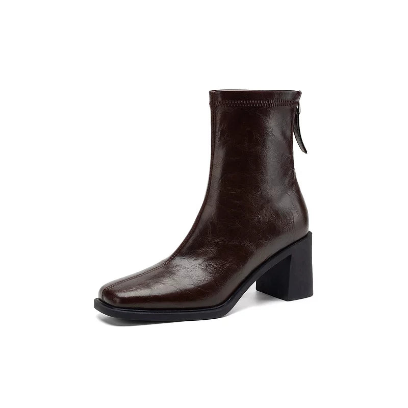 Women's Winter Office Leather Square Toe Block Heel Zip Korean-Style Workwear Slim Ankle Boots for Fall Outfits Streetwear and Weekend Everyday Wear Date Night