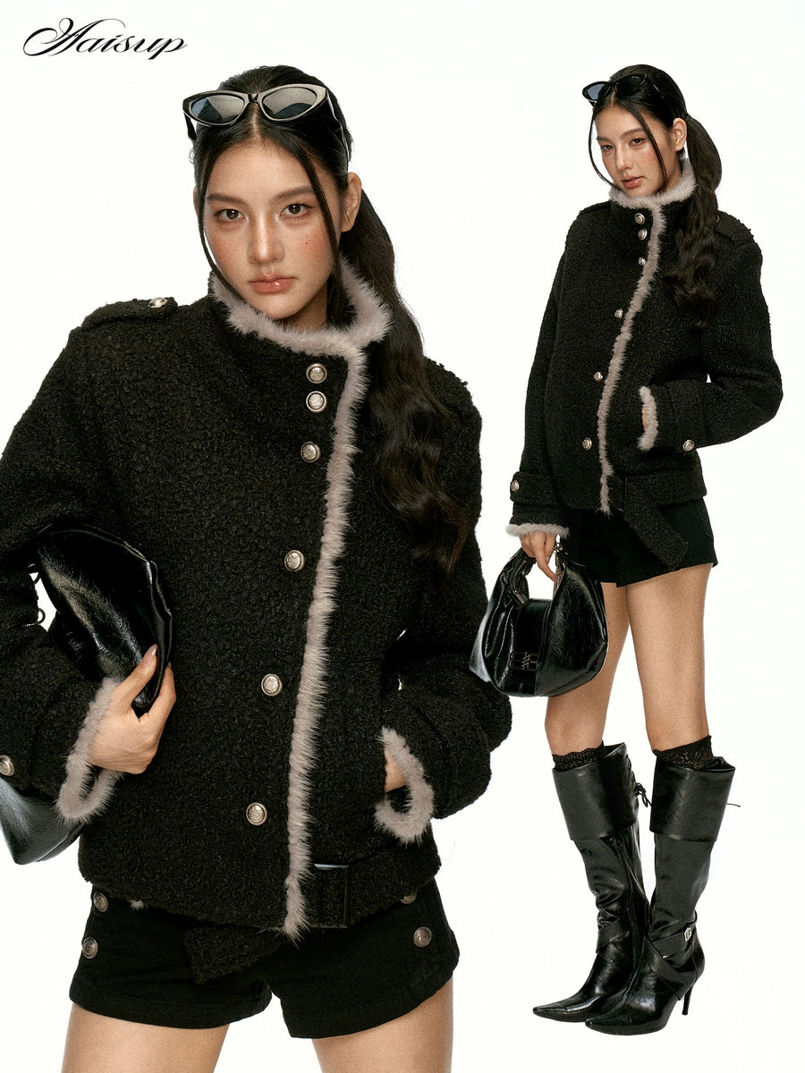 Women's Metal Black Fuzzy Mandarin Collar Fleece-Lined Korean-Style Jacket Casual Coat for Cold Weather Fall Travel Fall Winter Spring Fall