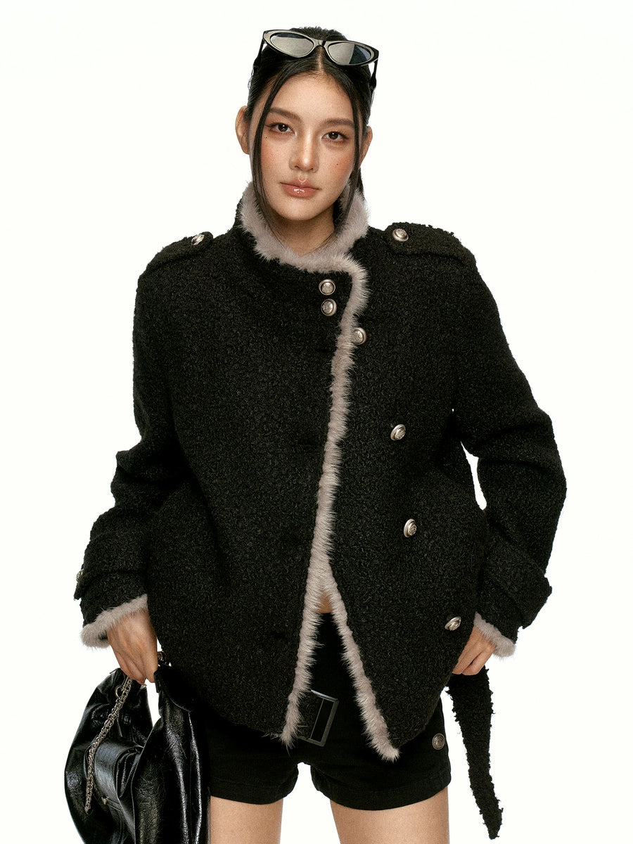 Women's Metal Black Fuzzy Mandarin Collar Fleece-Lined Korean-Style Jacket Casual Coat for Cold Weather Fall Travel Fall Winter Spring Fall