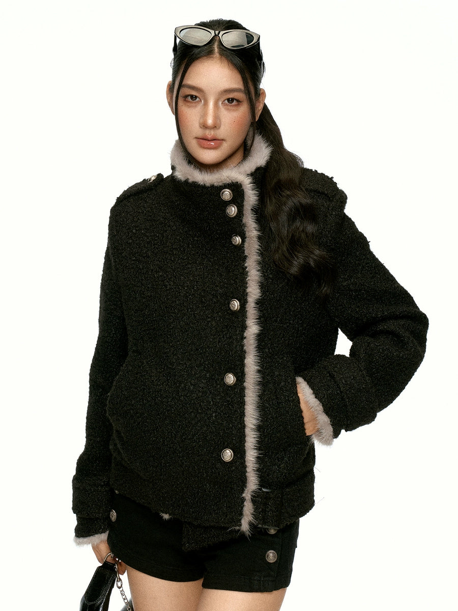 Women's Metal Black Fuzzy Mandarin Collar Fleece-Lined Korean-Style Jacket Casual Coat for Cold Weather Fall Travel Fall Winter Spring Fall