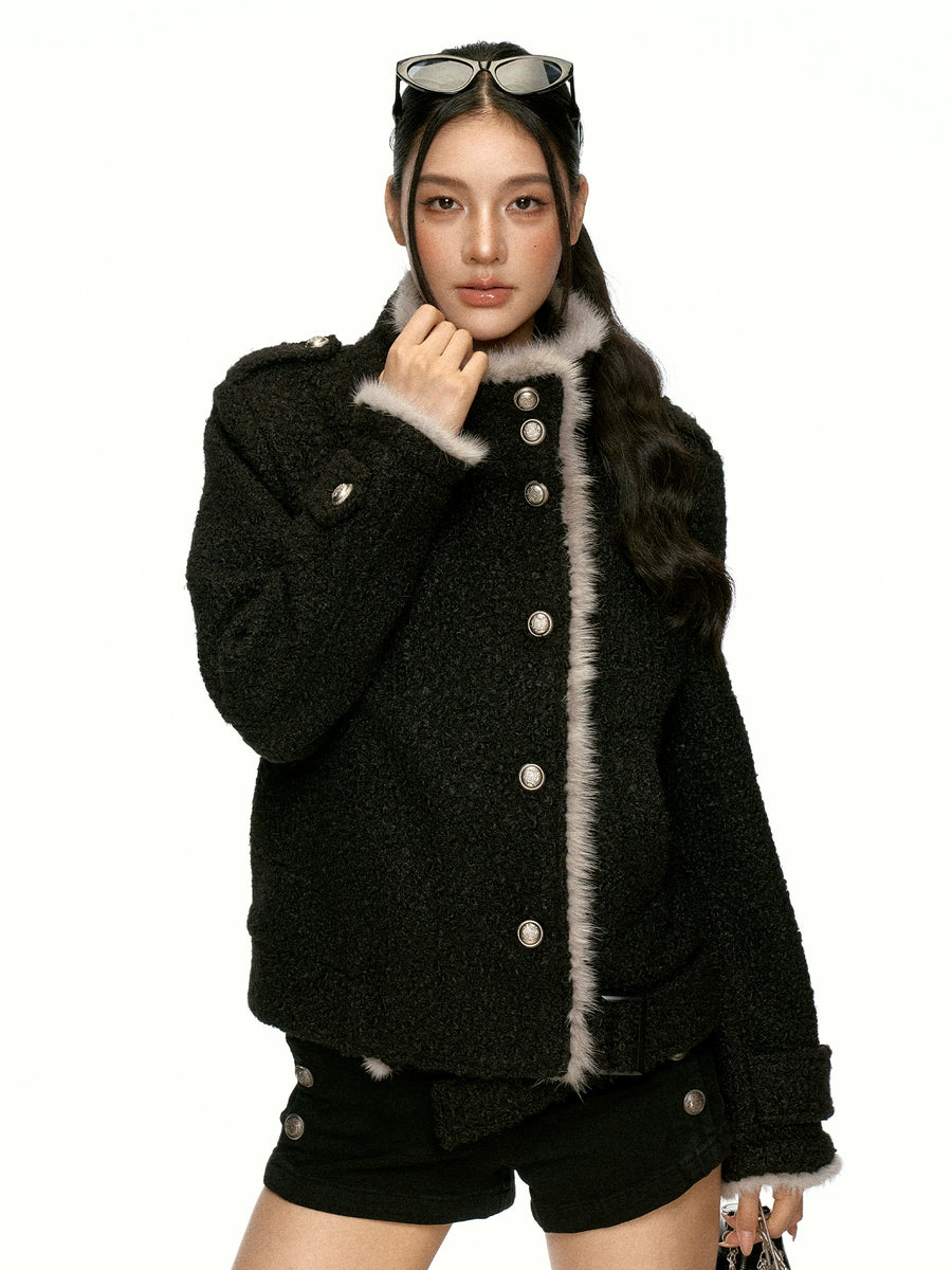 Women's Metal Black Fuzzy Mandarin Collar Fleece-Lined Korean-Style Jacket Casual Coat for Cold Weather Fall Travel Fall Winter Spring Fall