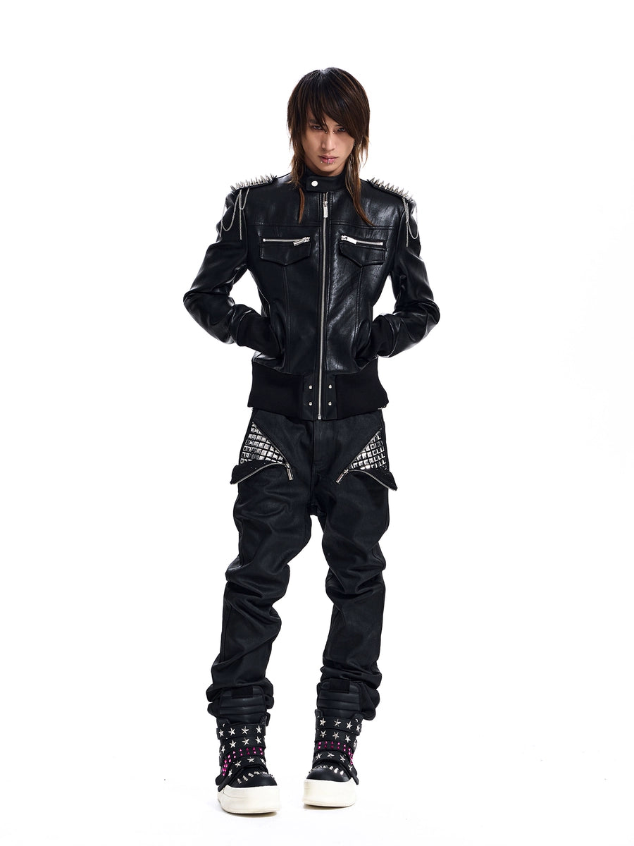 Men's Punk Studded Fall Winter Mandarin Collar Cropped Jacket Casual Coat for Cold Weather Travel Outdoor Holiday Date Night