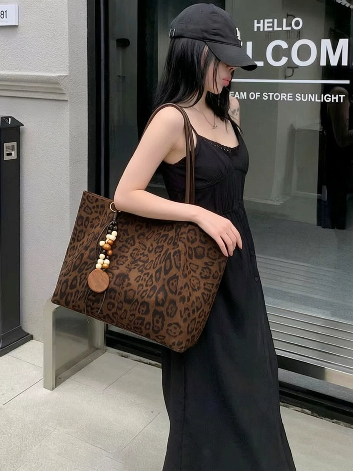 Women's Large-Capacity Fall Winter Suede-Look Office Leopard Workwear Tote Bag Shoulder Crossbody Purse Work and Travel School