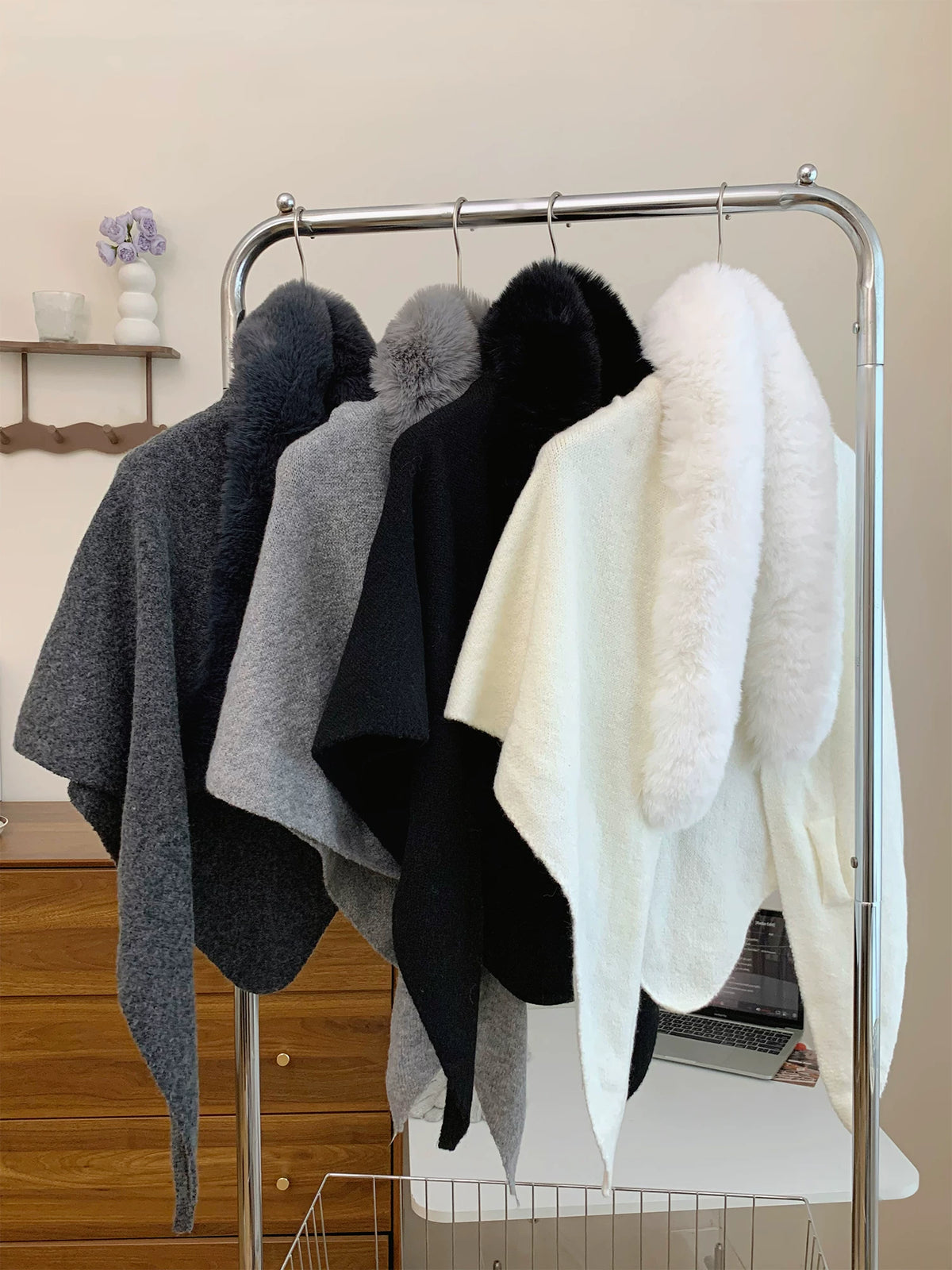 Women's Fur-Collar Fall Winter Thickened Fleece-Lined Korean-Style Knit Shawl for Office and Travel Evening Gift Holiday Gift