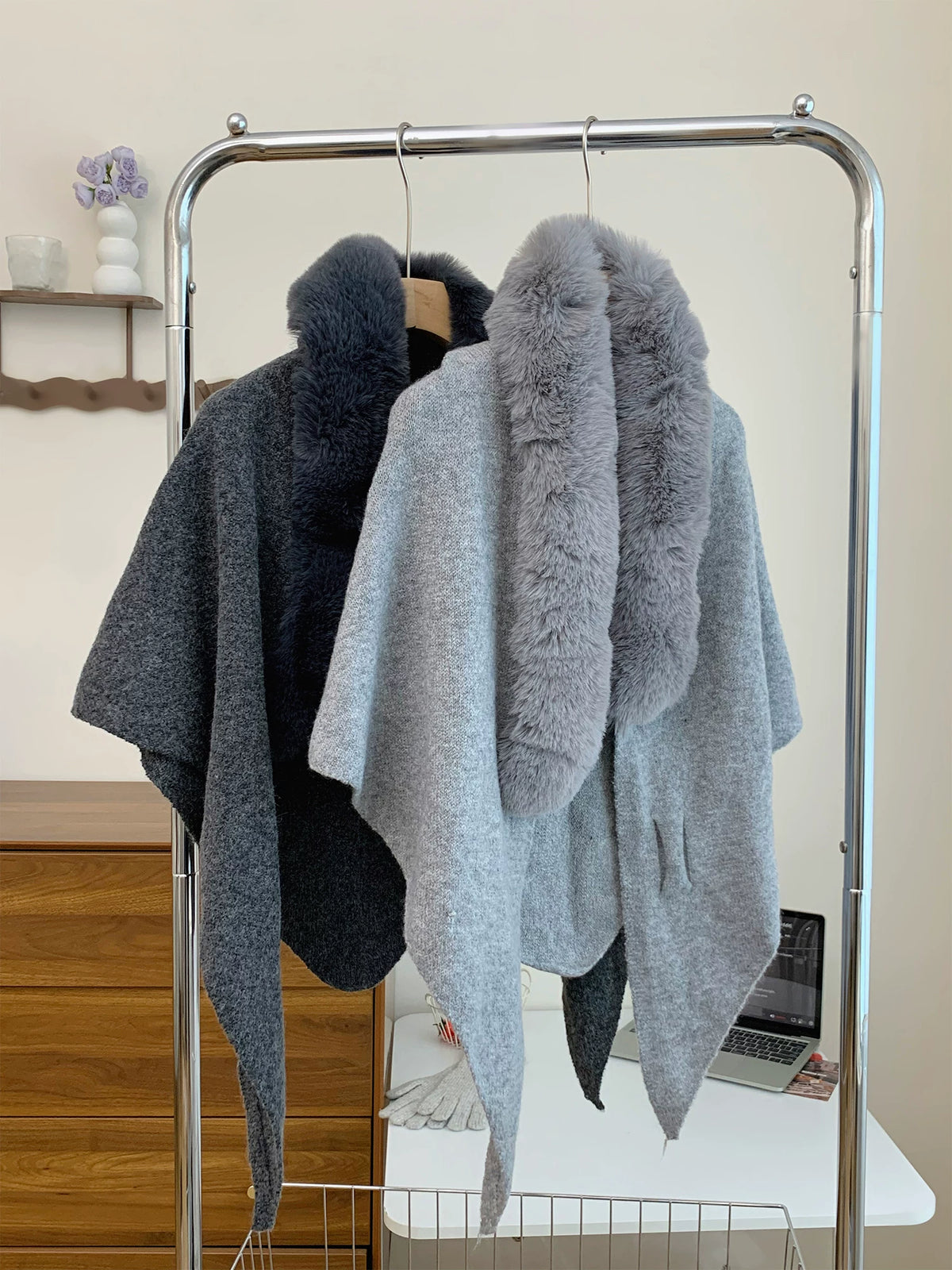 Women's Fur-Collar Fall Winter Thickened Fleece-Lined Korean-Style Knit Shawl for Office and Travel Evening Gift Holiday Gift