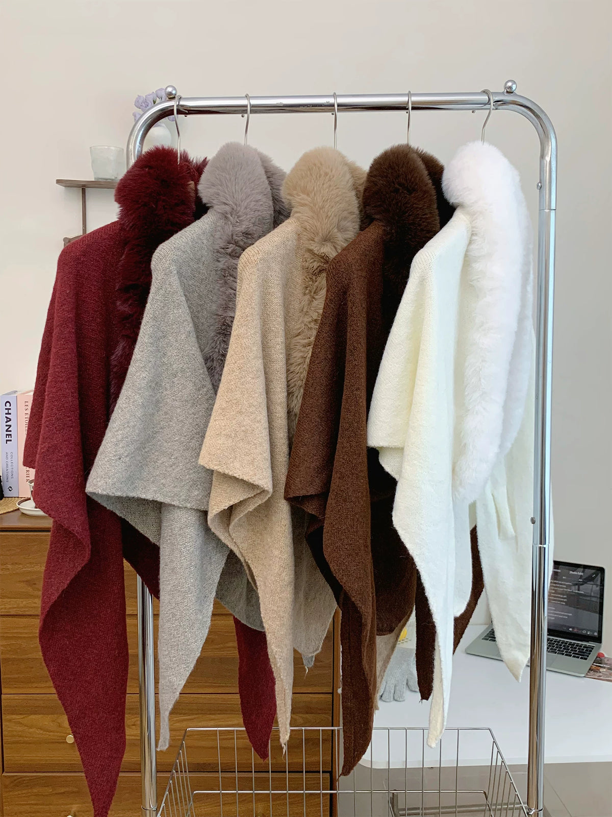 Women's Fur-Collar Fall Winter Thickened Fleece-Lined Korean-Style Knit Shawl for Office and Travel Evening Gift Holiday Gift