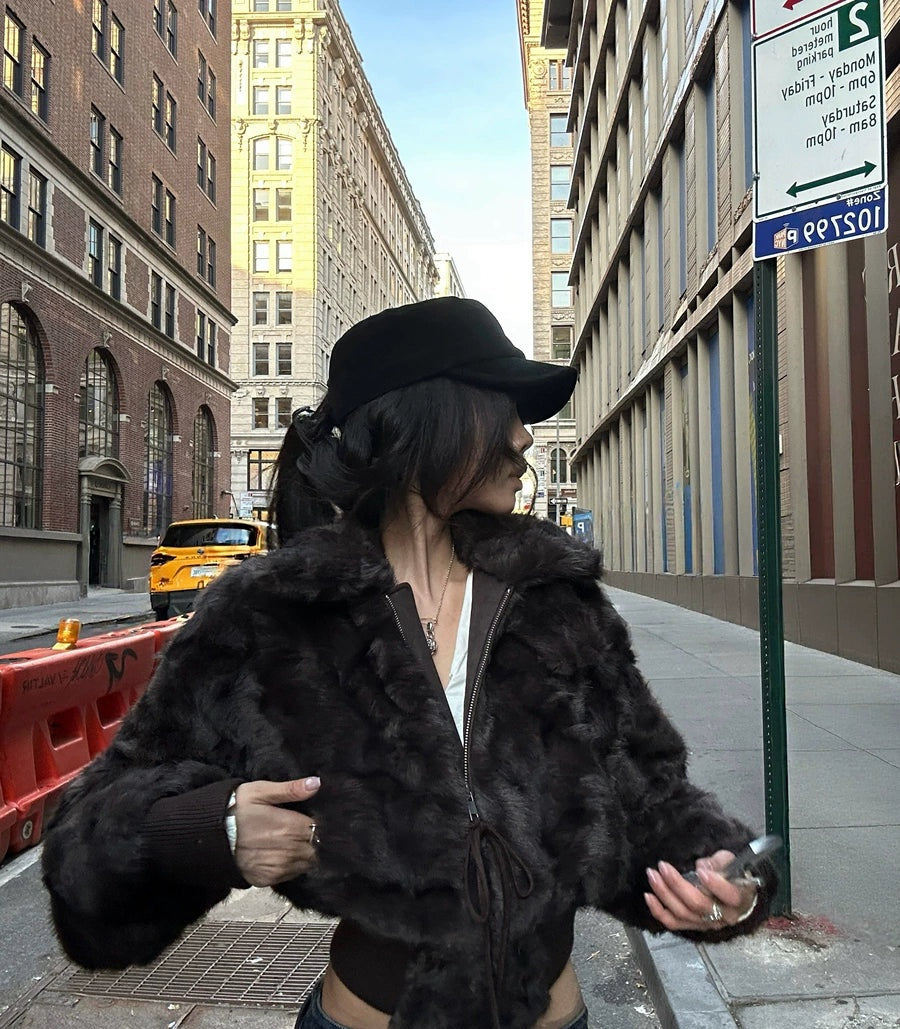 Women's Lapel Fuzzy Zip Faux Fur-lined Jacket for Fall Winter Travel Spring Everyday Wear