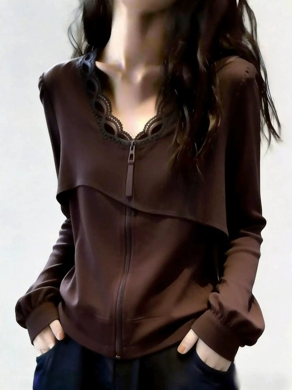 Women's V-Neck Lace Office Zip Workwear Top Fashion Blouse Shirt for Business Casual Streetwear