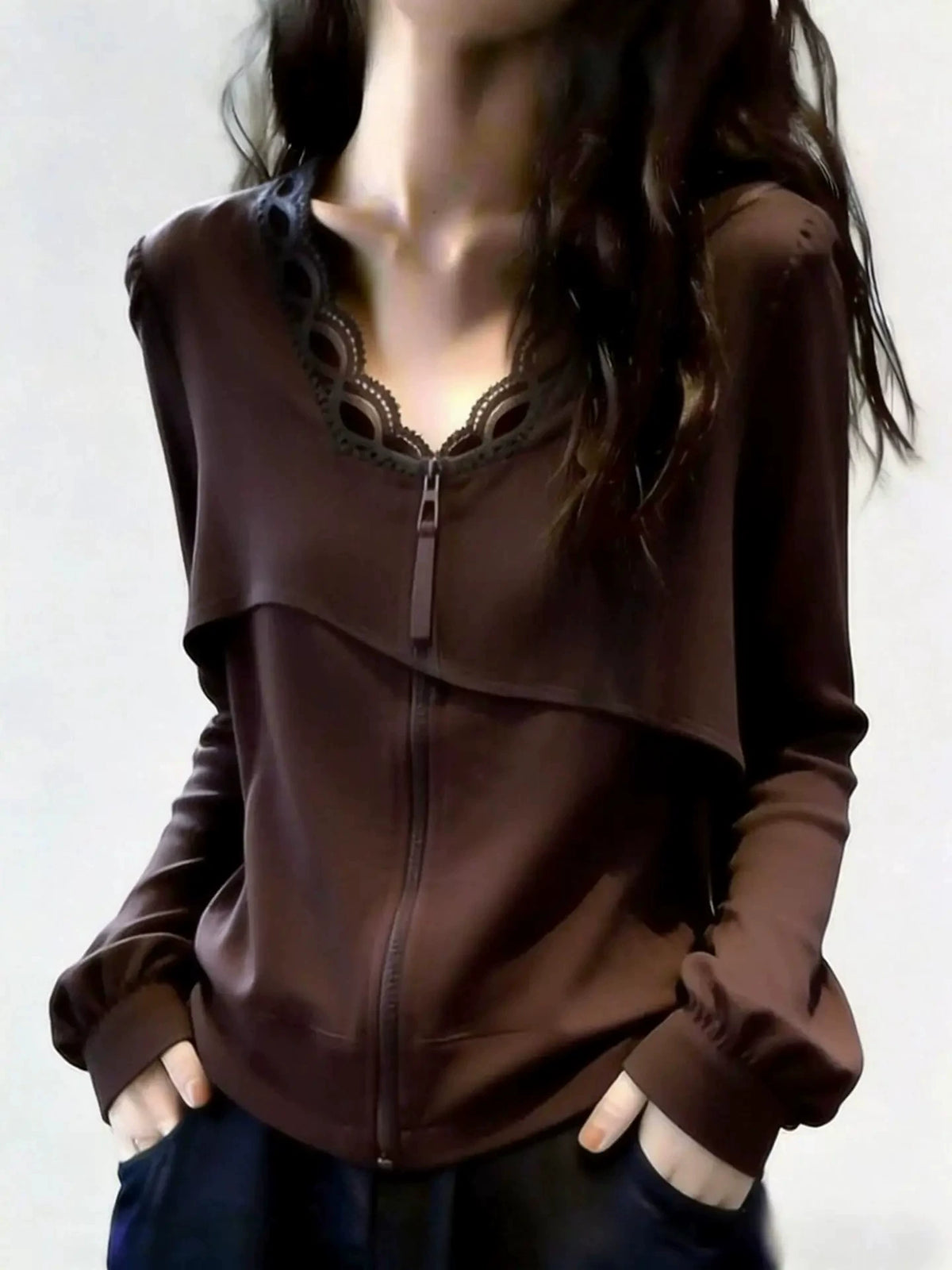 Women's V-Neck Lace Office Zip Workwear Top Fashion Blouse Shirt for Business Casual Streetwear