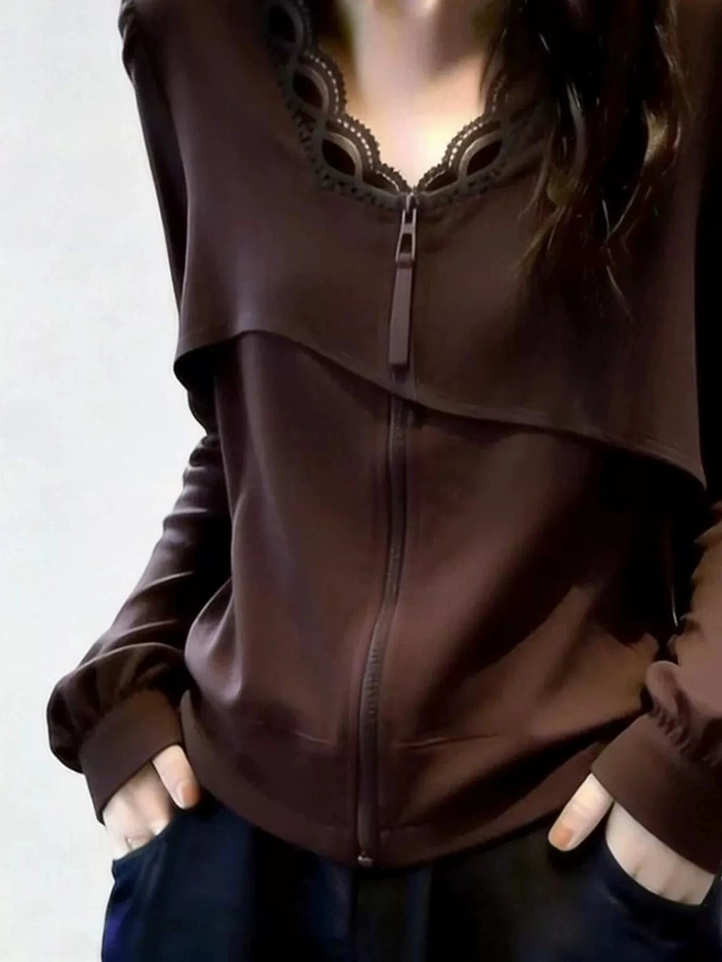 Women's V-Neck Lace Office Zip Workwear Top Fashion Blouse Shirt for Business Casual Streetwear