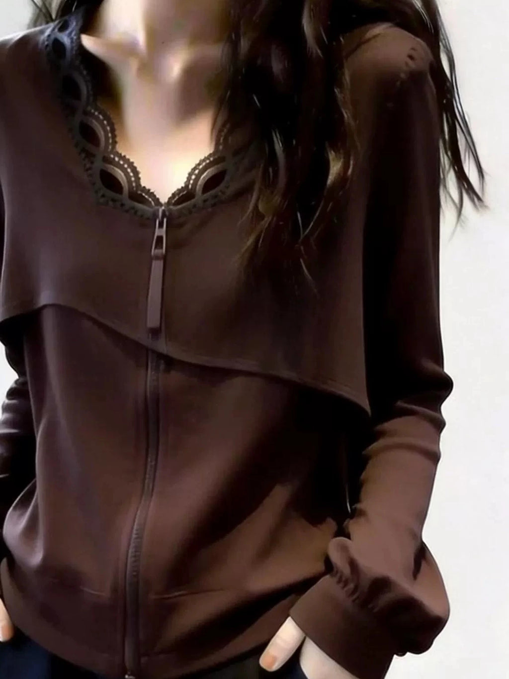 Women's V-Neck Lace Office Zip Workwear Top Fashion Blouse Shirt for Business Casual Streetwear
