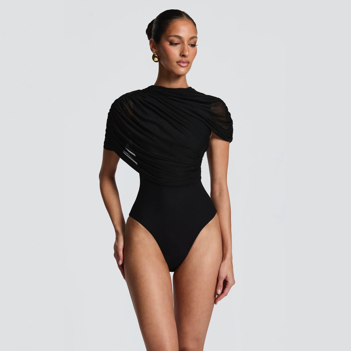 Women's Asymmetric Ruched High-Waist Breathable Mesh Jumpsuit Sleeveless Overall Romper for Office Outfits Date Night Wedding Guest Casual Wear Weekend