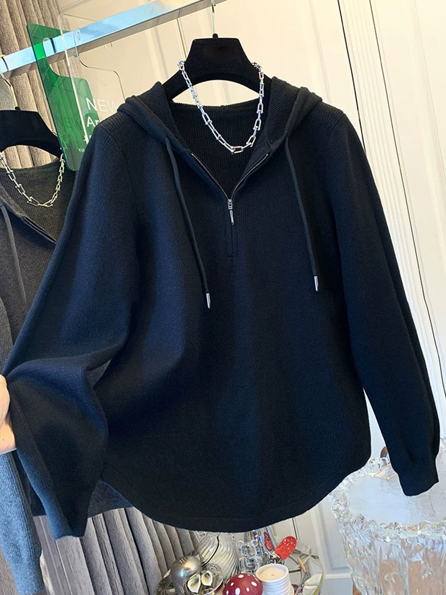Women's Half-Zip Fall Winter Hooded Plus Size Oversized Slim-Fit Sweater Knit Pullover Top for Casual Outfits Spring Travel Office Everyday Date Night