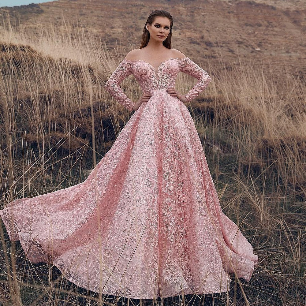 Women's Lace Off-Shoulder Embroidered Flare Cutout Evening Dress Formal Midi Dress