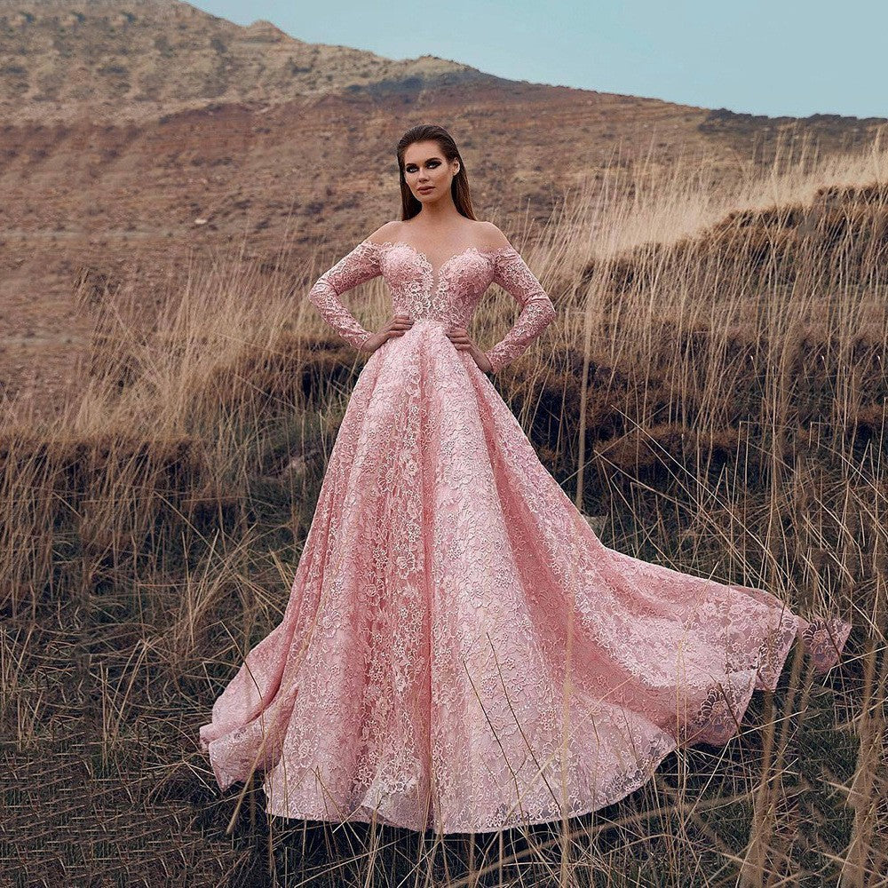 Women's Lace Off-Shoulder Embroidered Flare Cutout Evening Dress Formal Midi Dress