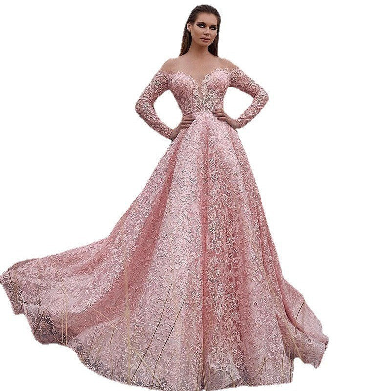 Women's Lace Off-Shoulder Embroidered Flare Cutout Evening Dress Formal Midi Dress