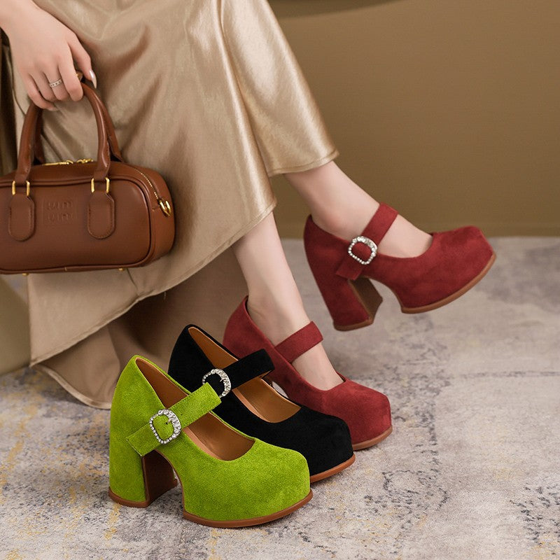 Women's Summer Platform Block Heel Korean-Style Mary Jane Pumps Strap Dress Heels