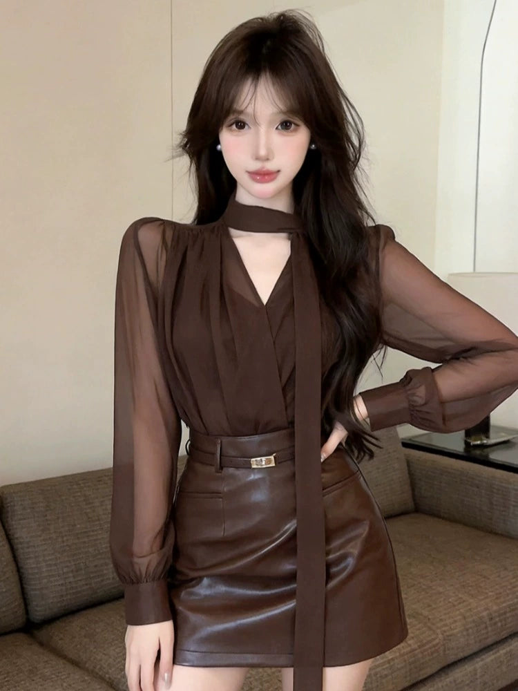 Women's Chiffon Leather-Look Bodycon High-Waist Long Sleeve Clothing Top Weekend Everyday