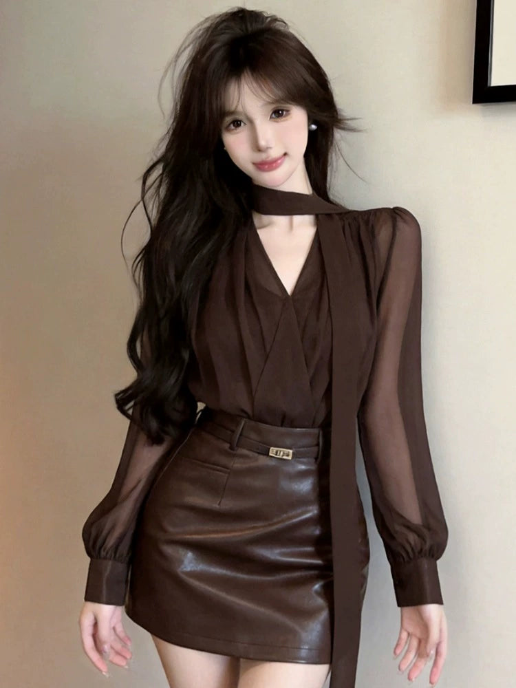 Women's Chiffon Leather-Look Bodycon High-Waist Long Sleeve Clothing Top Weekend Everyday