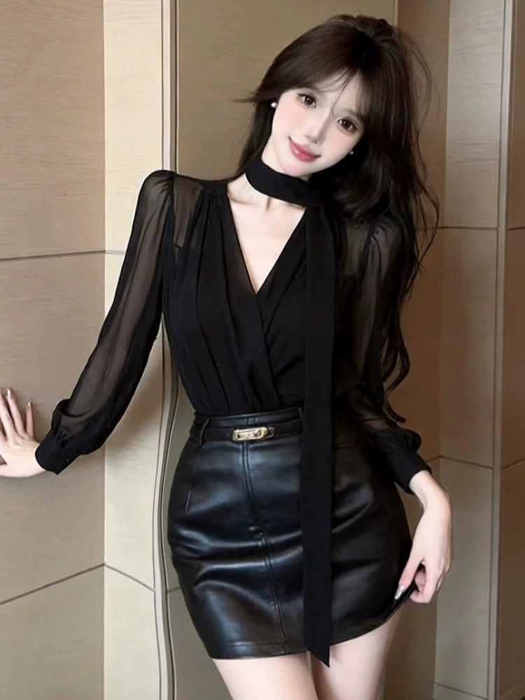 Women's Chiffon Leather-Look Bodycon High-Waist Long Sleeve Clothing Top Weekend Everyday