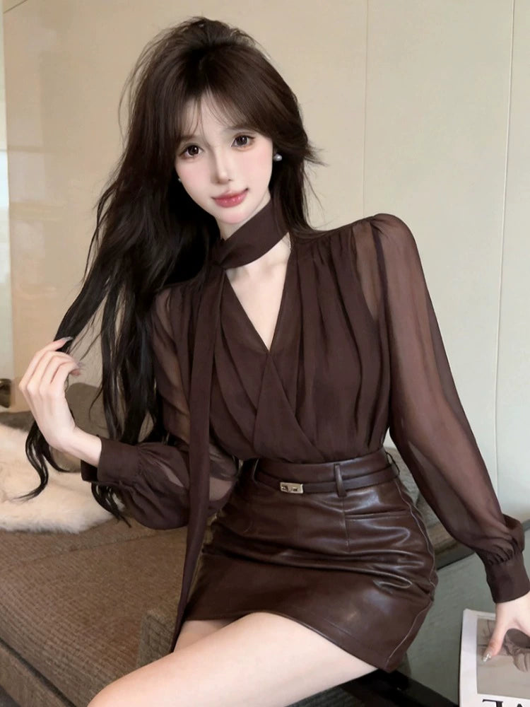 Women's Chiffon Leather-Look Bodycon High-Waist Long Sleeve Clothing Top Weekend Everyday