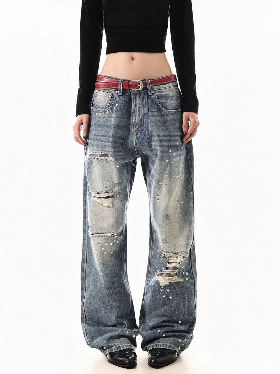 Women's Studded Oxidized Straight Retro Wide-Leg Jeans for Casual Outfits Everyday Office Weekend Date Night