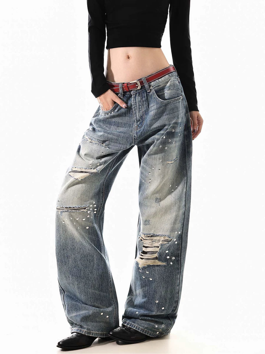 Women's Studded Oxidized Straight Retro Wide-Leg Jeans for Casual Outfits Everyday Office Weekend Date Night
