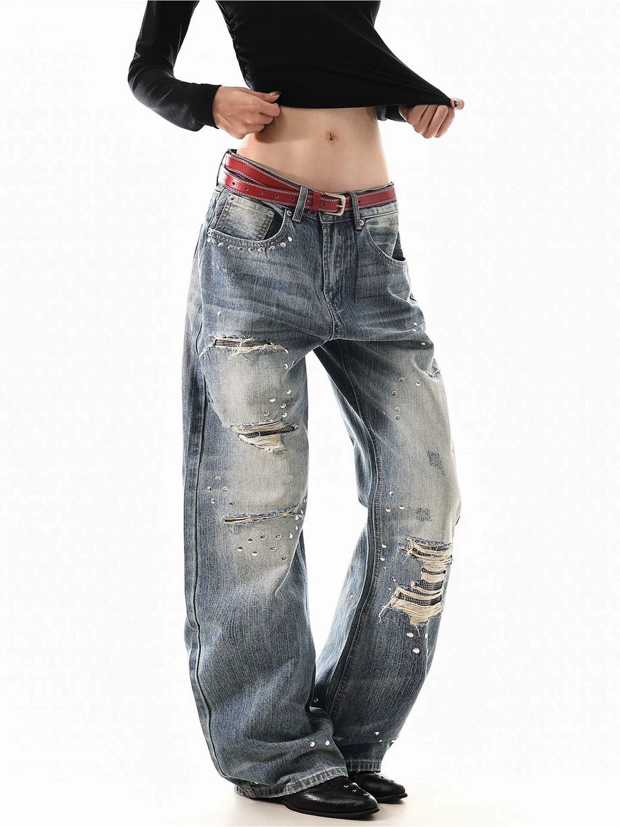 Women's Studded Oxidized Straight Retro Wide-Leg Jeans for Casual Outfits Everyday Office Weekend Date Night