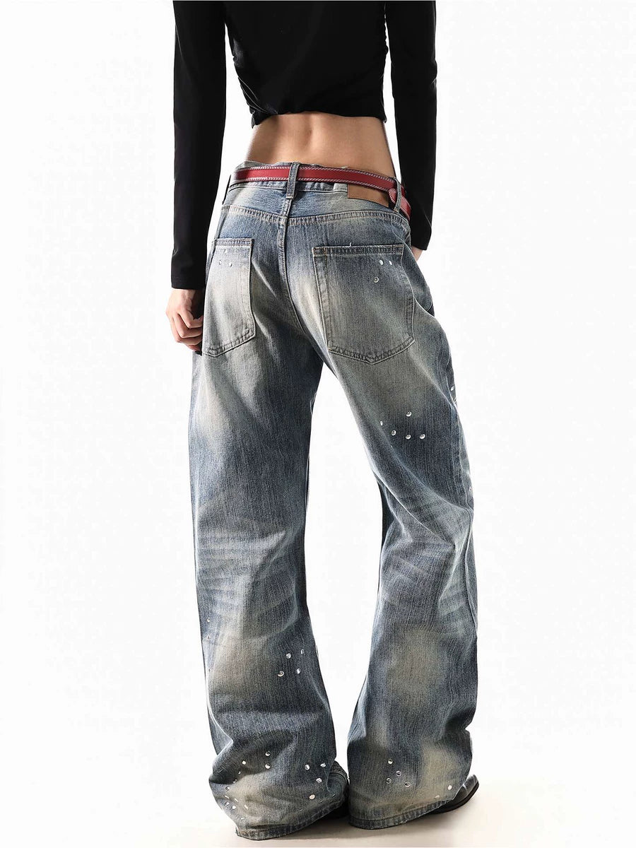 Women's Studded Oxidized Straight Retro Wide-Leg Jeans for Casual Outfits Everyday Office Weekend Date Night