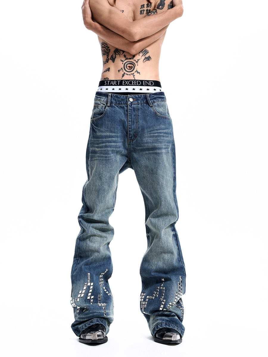 Men's Studded Oxidized Straight Embroidered Wide-Leg Jeans for Casual Outfits Everyday Office Weekend Date Night