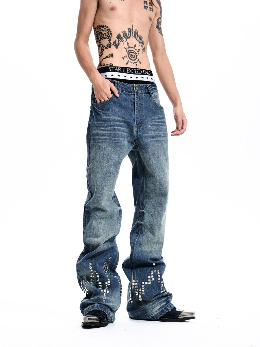 Men's Studded Oxidized Straight Embroidered Wide-Leg Jeans for Casual Outfits Everyday Office Weekend Date Night