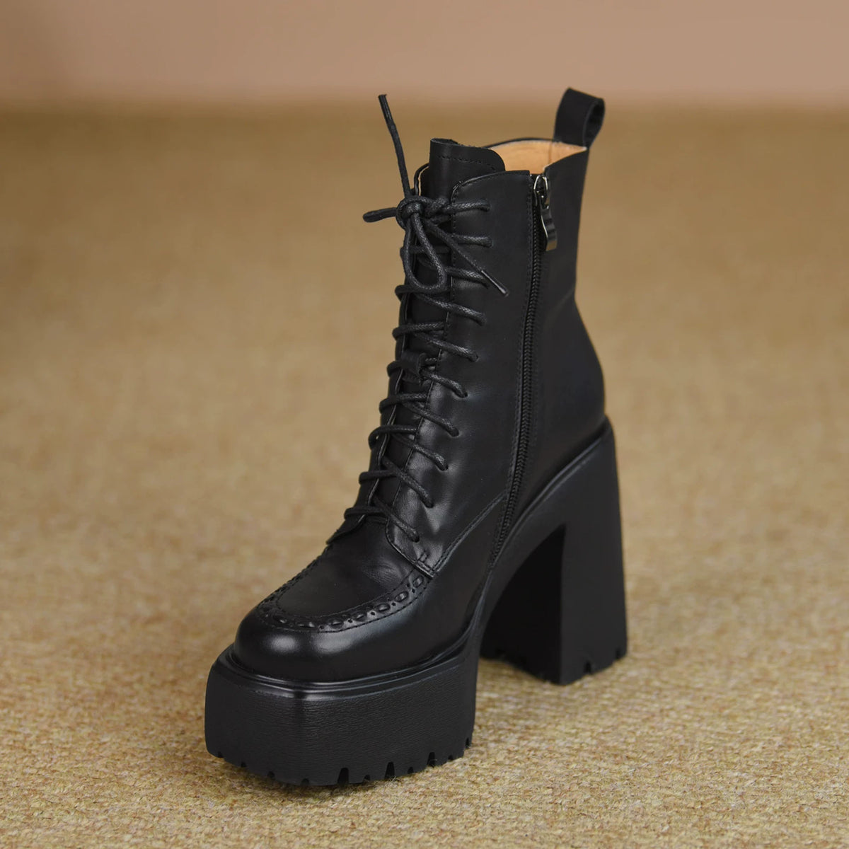 Women's Winter Chunky Sole Fleece-Lined Block Heel High Heel Lace-Up Martin Combat Boots Ankle for Fall Outfits Streetwear Office and Weekend Everyday Wear