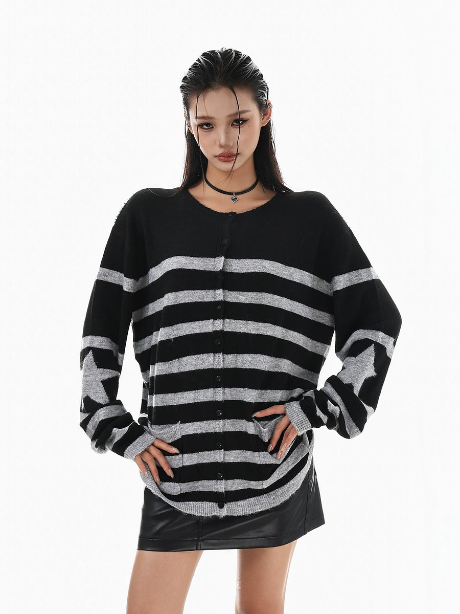 Women's Striped Oversized Retro Knit Cardigan Open-Front Sweater for Office Outfits Fall Work and Weekend Spring Everyday